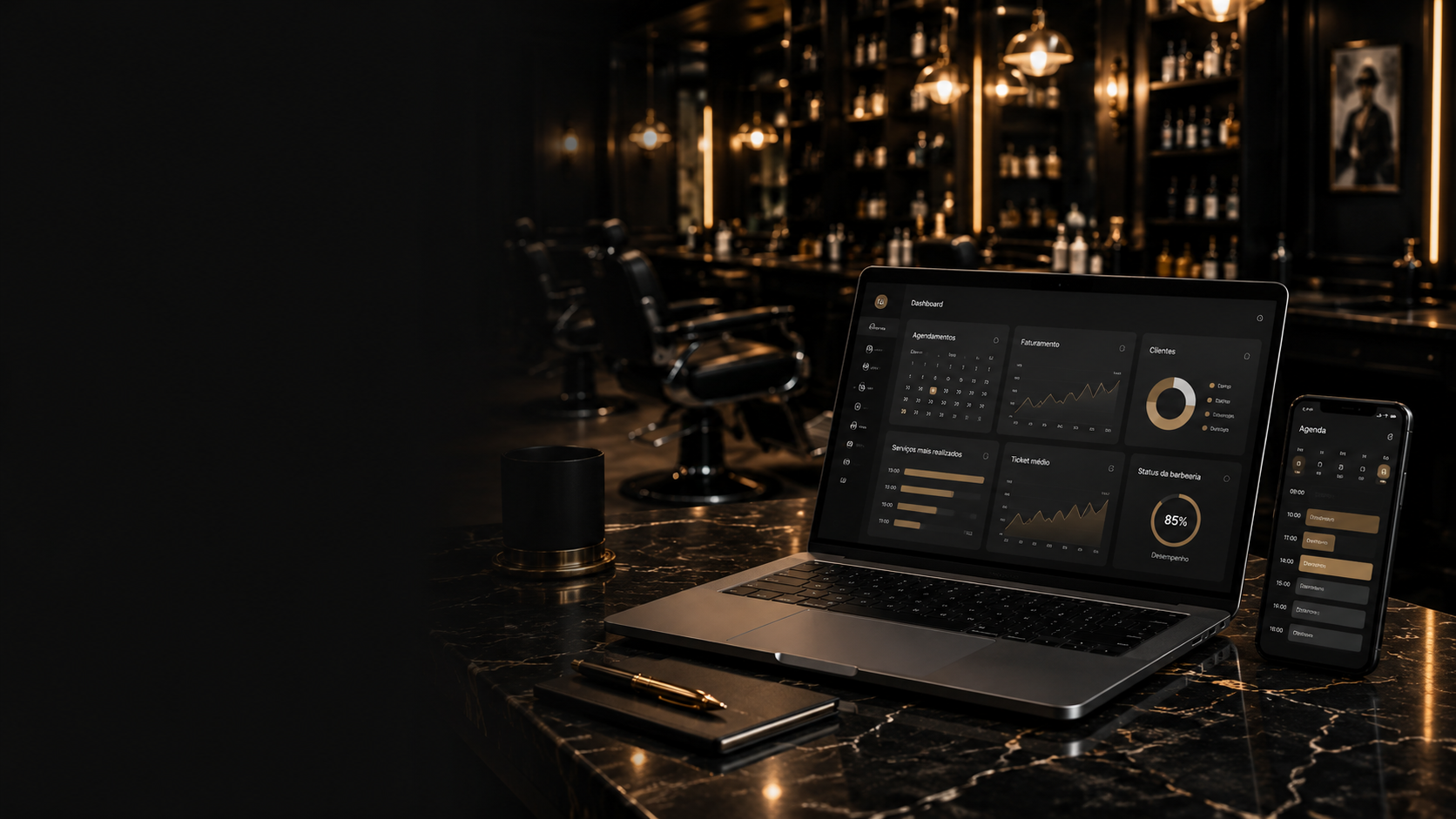 Notebook e celular exibindo o dashboard e a agenda do Actus Barber