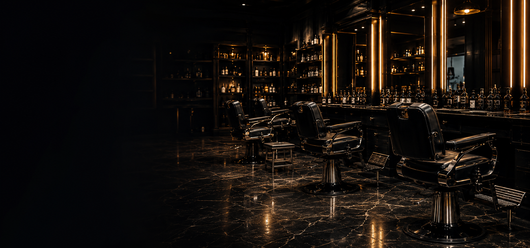 Interior sofisticado de uma barbearia com estações de atendimento